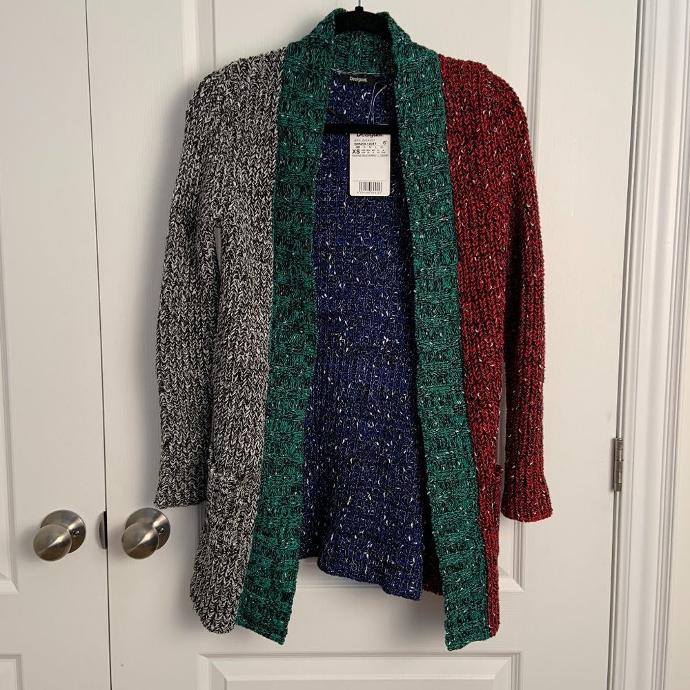 Desigual Women's Chunky Knit Sweater Cardigan Colour Block Pockets Artsy Size XS